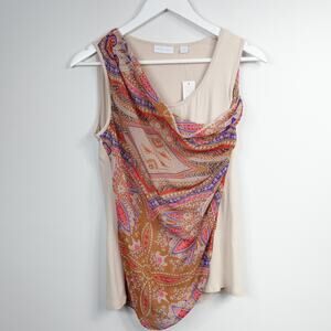 New York & Company Printed Beige Drape Sleeveless Bouse Tank Top Small NWT